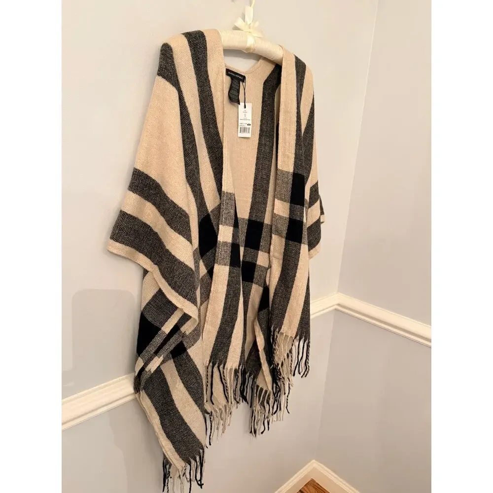 Banana Republic Erin Plaid Fringe Ruana Poncho Cashmere Blend OS NWT